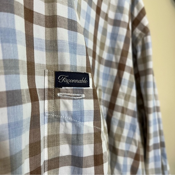 Façonnable Men’s Check Plaid Button Up Shirt - Brown Blue White - Picture 4 of 12